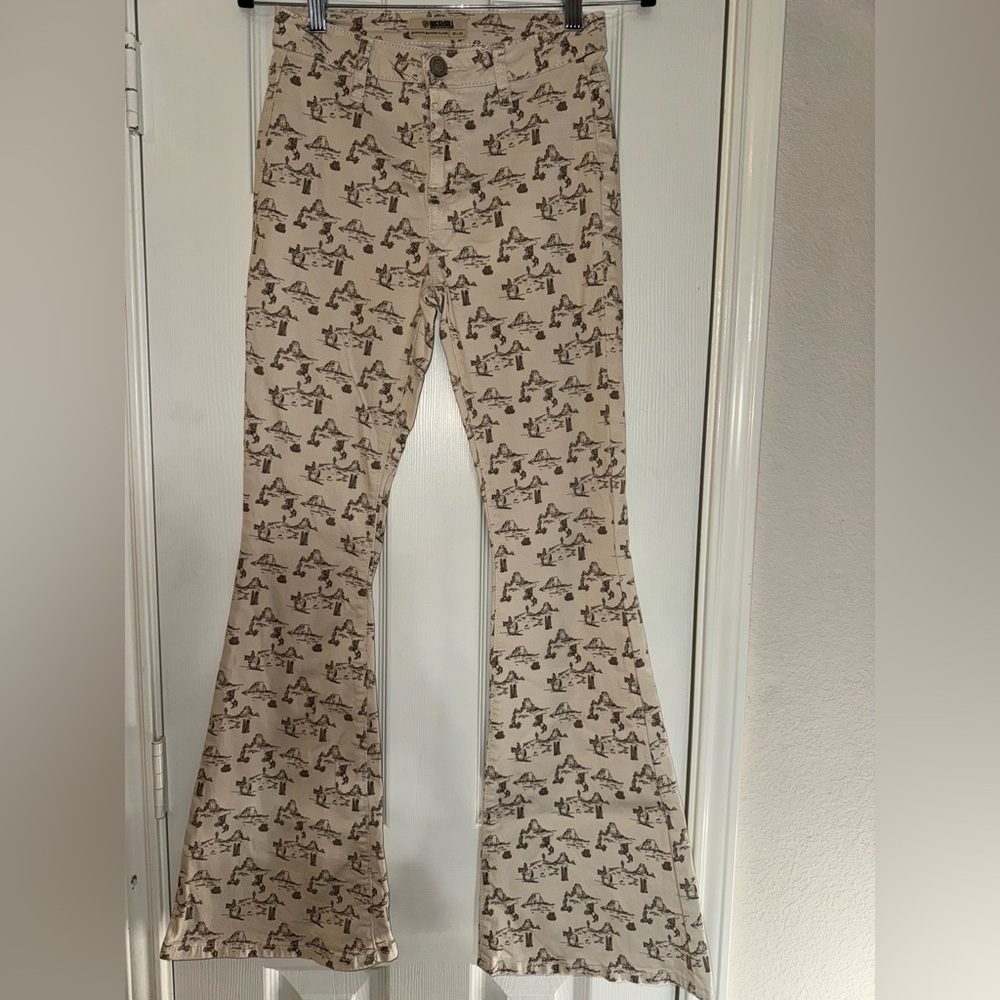 Beige Printed Flare Jeans - Wide Leg Women's Jeans